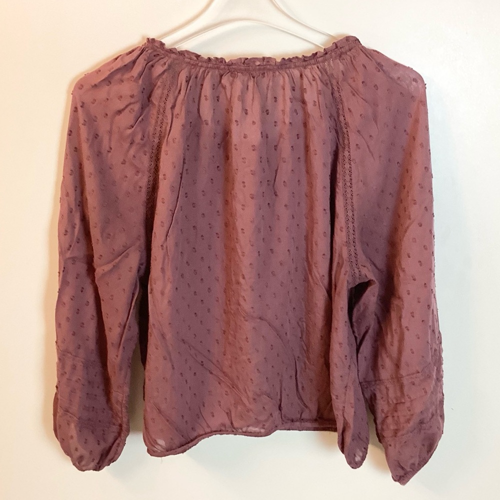 Lucky Brand Long Sleeve Swiss Dot Bubble Hem Peasant Top - Rose Brown - L - Picture 7 of 10